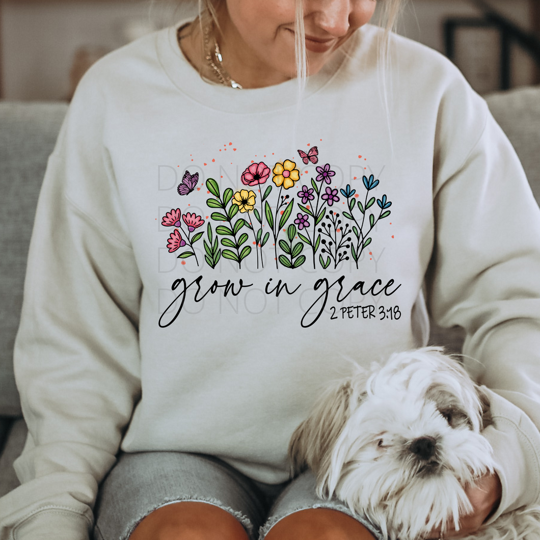 Grow in Grace floral **THIN** Screen Print Transfer adult size