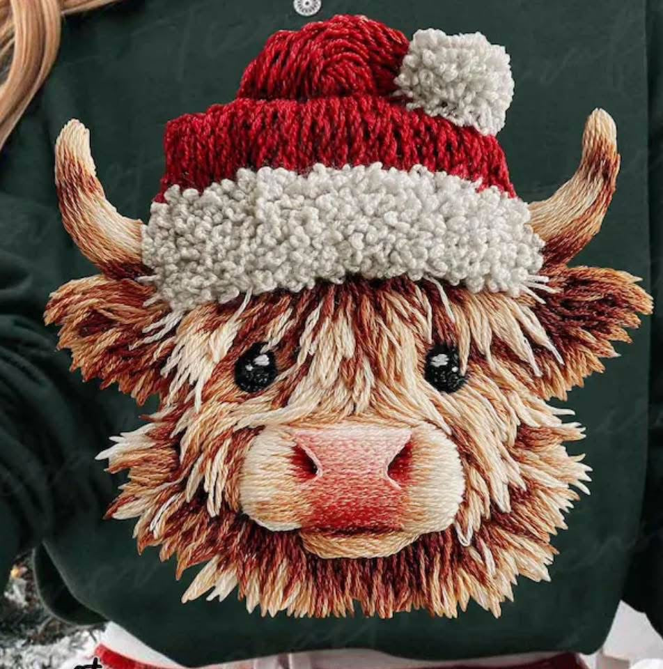 Faux Yarn Highland Cow with Santa Hat DTF transfer