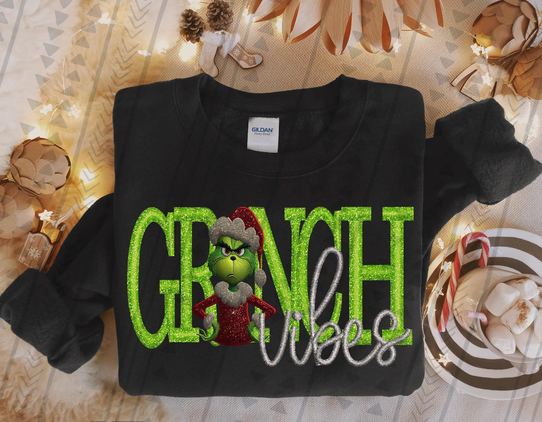 Grinch Vibes faux embroidery DTF transfer