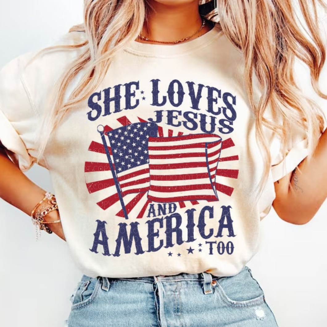 She Loves Jesus and America Flag DTF transfer