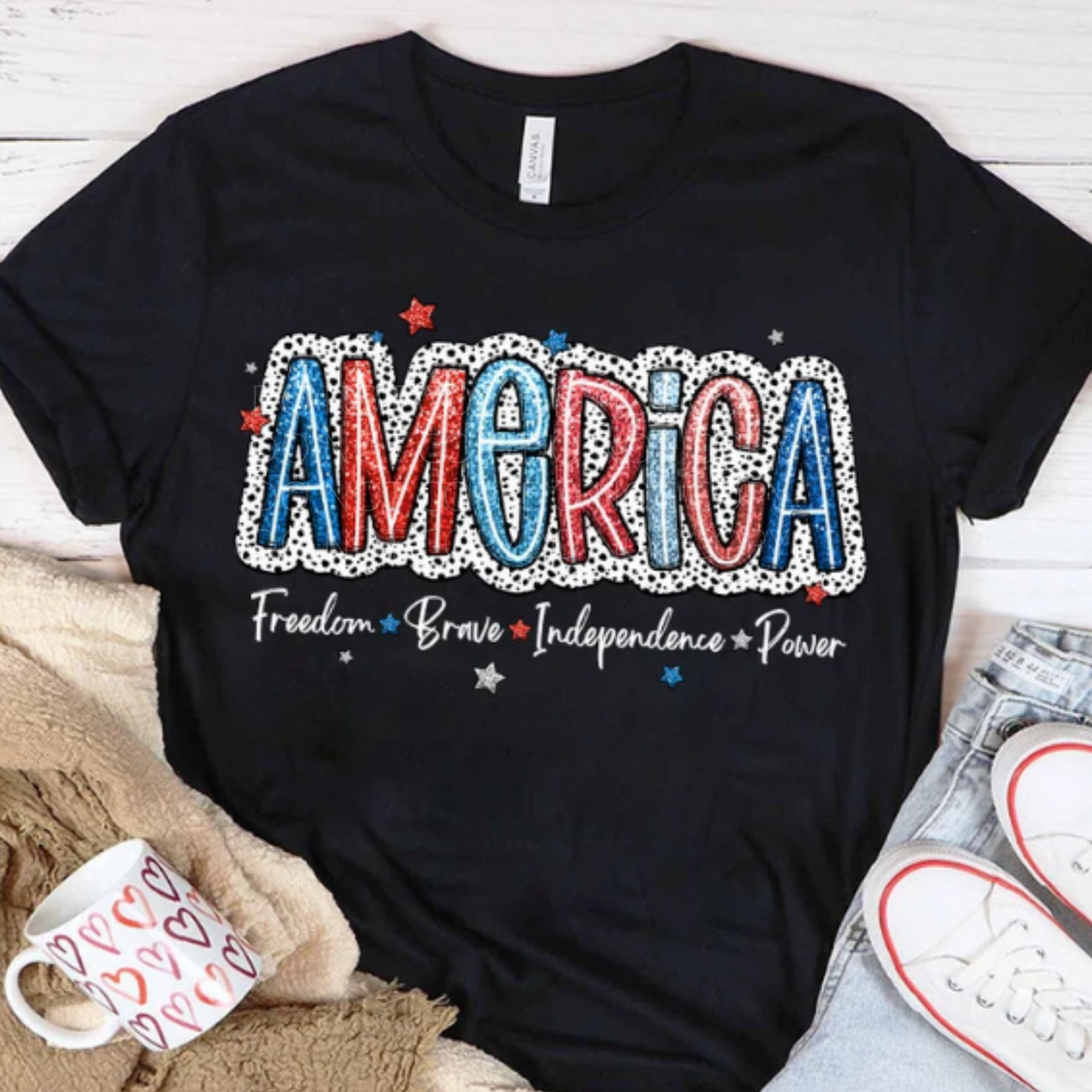 Dotted America white letters DTF transfer