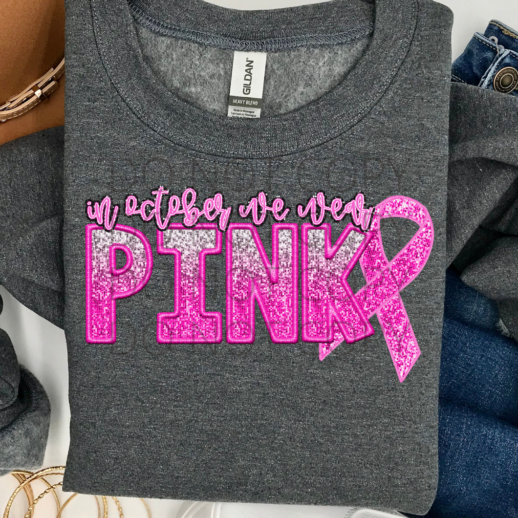 In October Pink Ribbon breast cancer awareness **THIN** Screen Print Transfer adult size