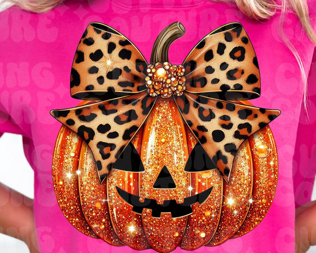 Glitter Jack-o-lantern with leopard bow DTF transfer