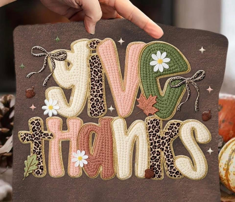 Faux Yarn Pastel Leopard Give Thanks DTF transfer