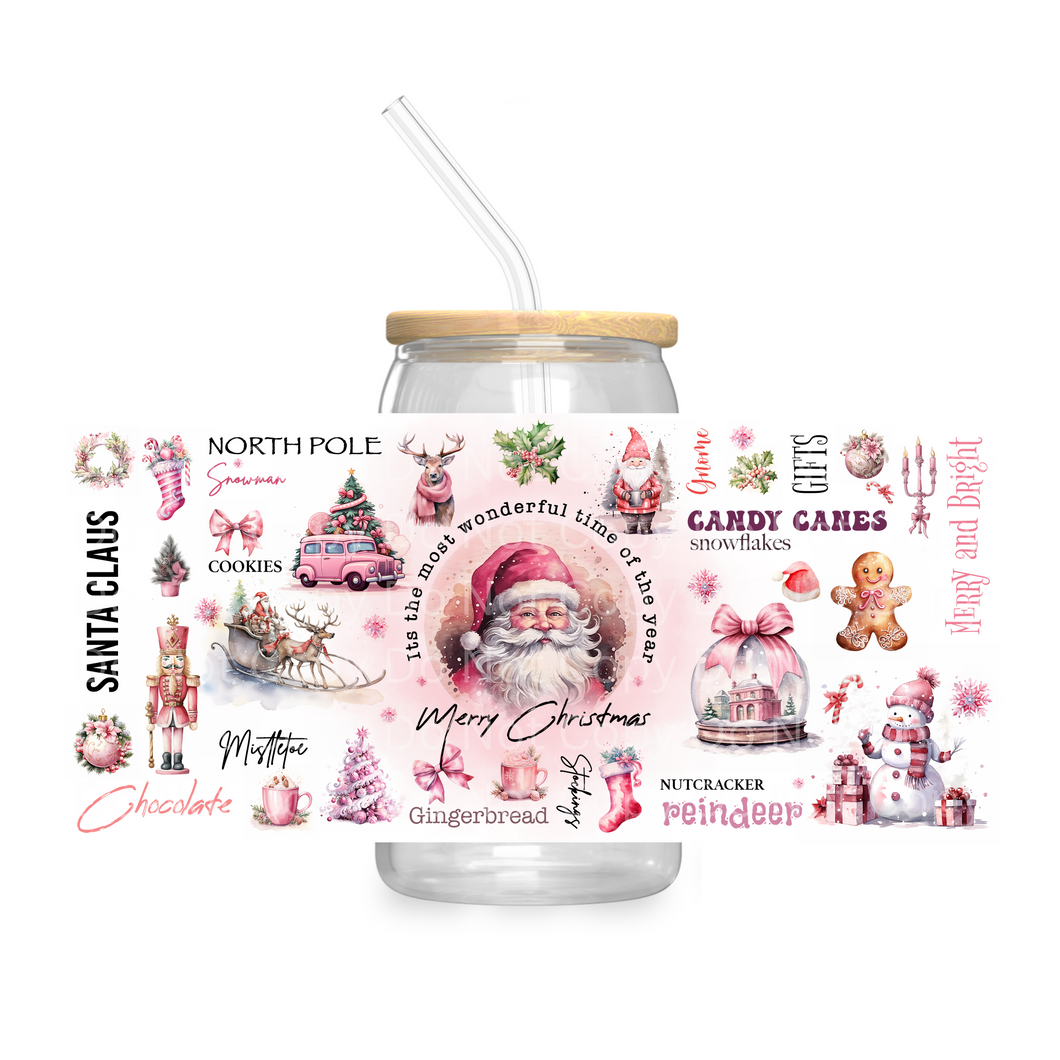 Pink Santa with White Background - UV DTF 16 oz Cup Wrap