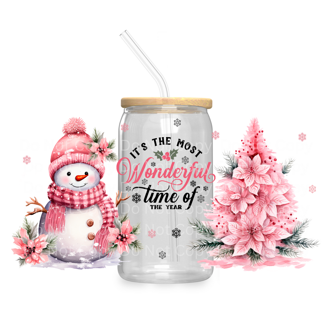 Pink Snowman Wonderful Time of the Year - UV DTF 16 oz Cup Wrap