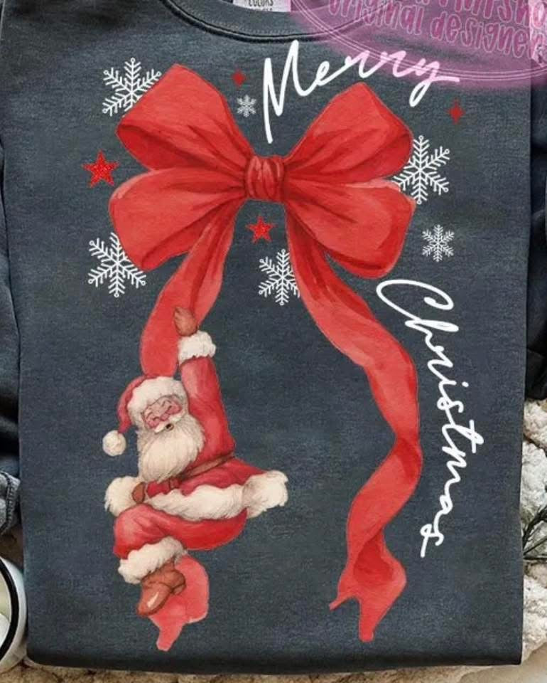 Santa Hanging from Coquette Bow DTF transfer
