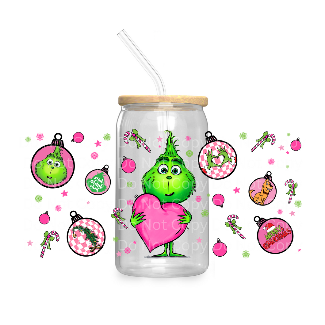 Baby Green Guy with Big Pink Heart - UV DTF 16 oz Cup Wrap