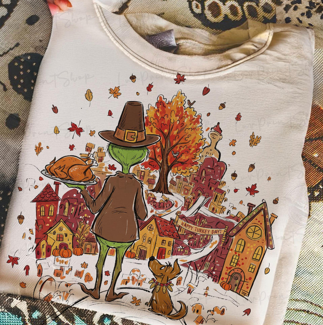 Green Guy Grin ch Thanksgiving DTF transfer