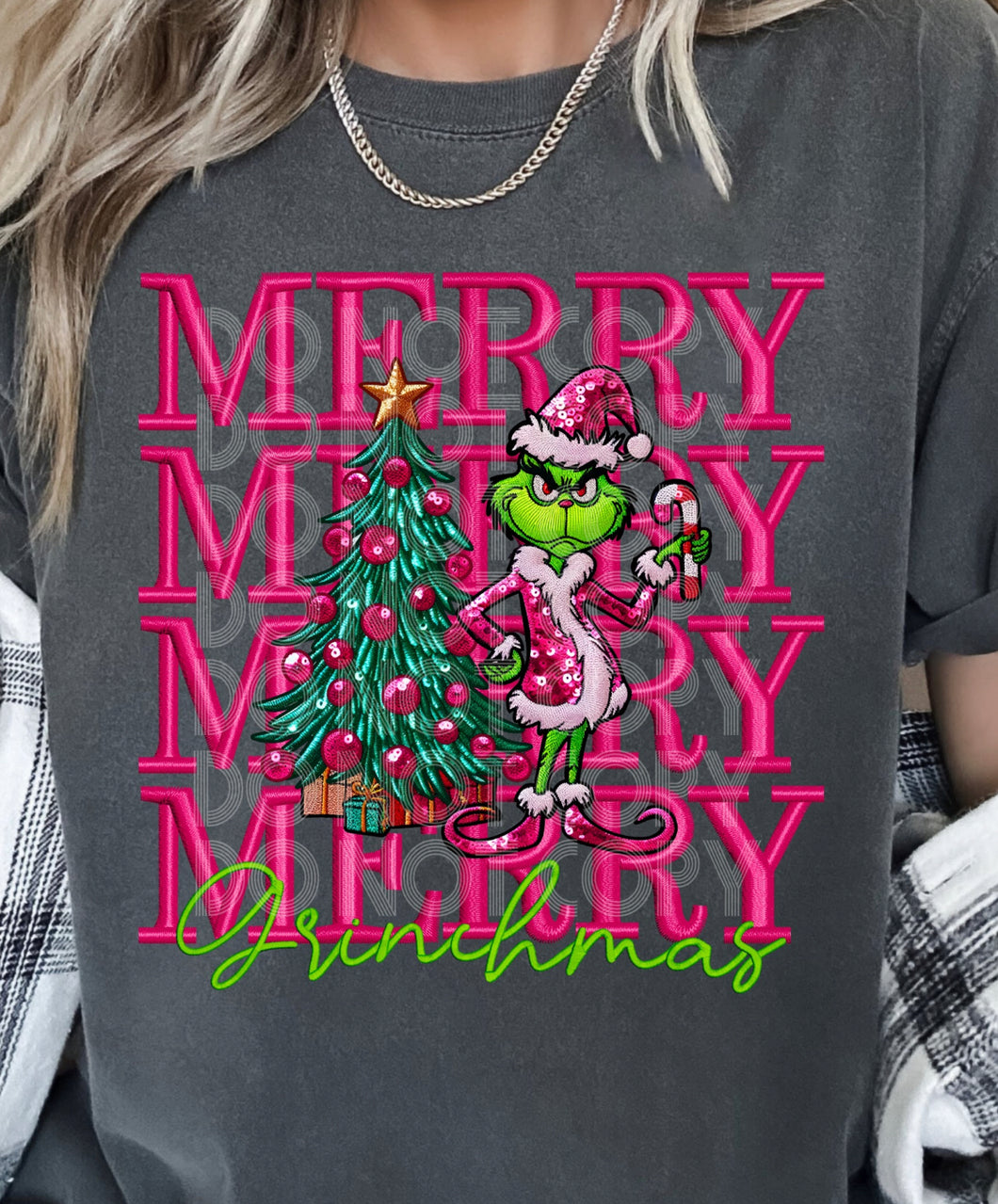 Stacked Merry Grinchmas faux embroidery DTF transfer