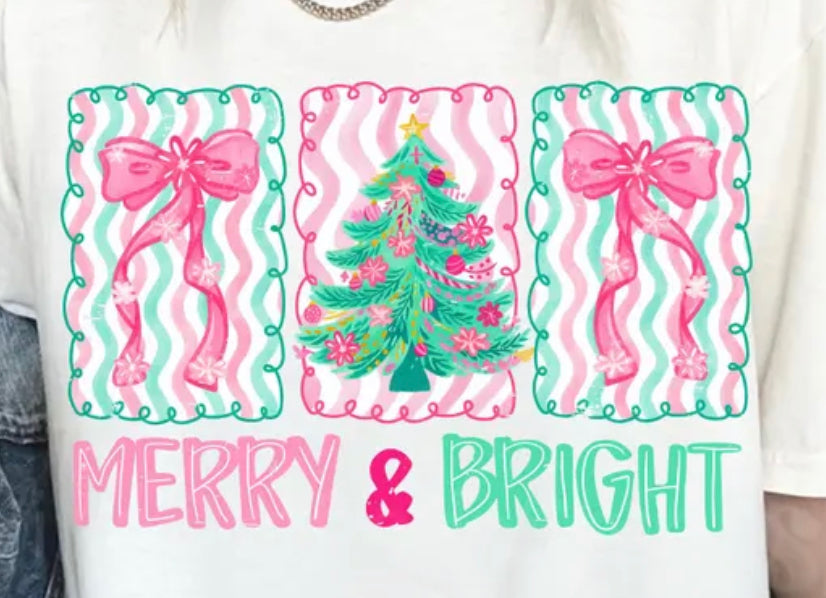 Merry & Bright pink and teal DTF transfer