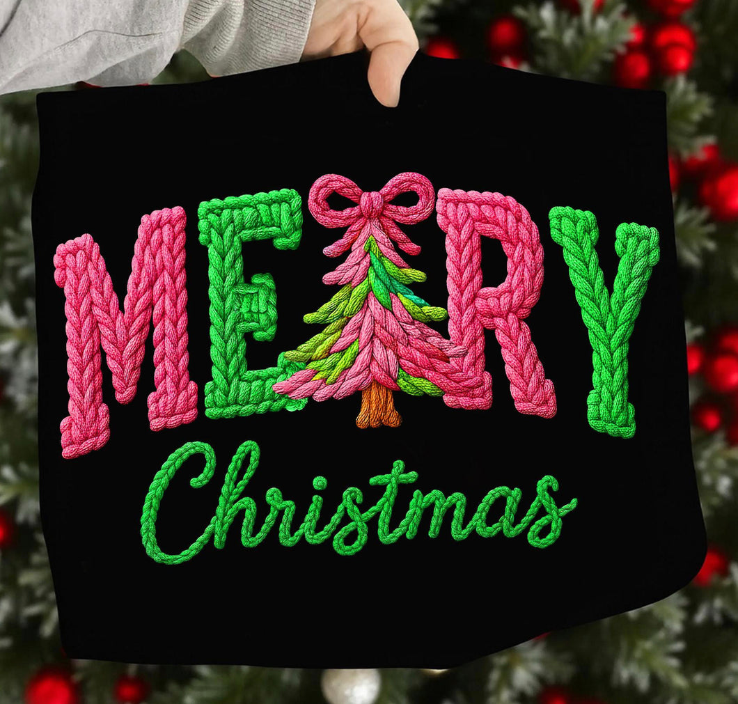 Faux Yarn Pink & Green Merry Christmas crochet DTF transfer
