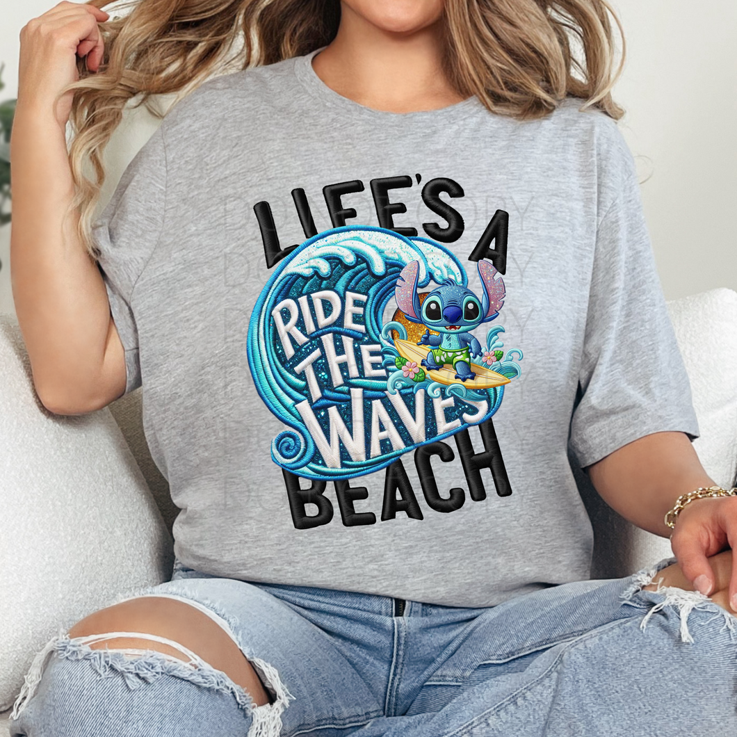 Life's a Beach Ride the Waves blue alien faux embroidery **THIN** Screen Print Transfer adult size