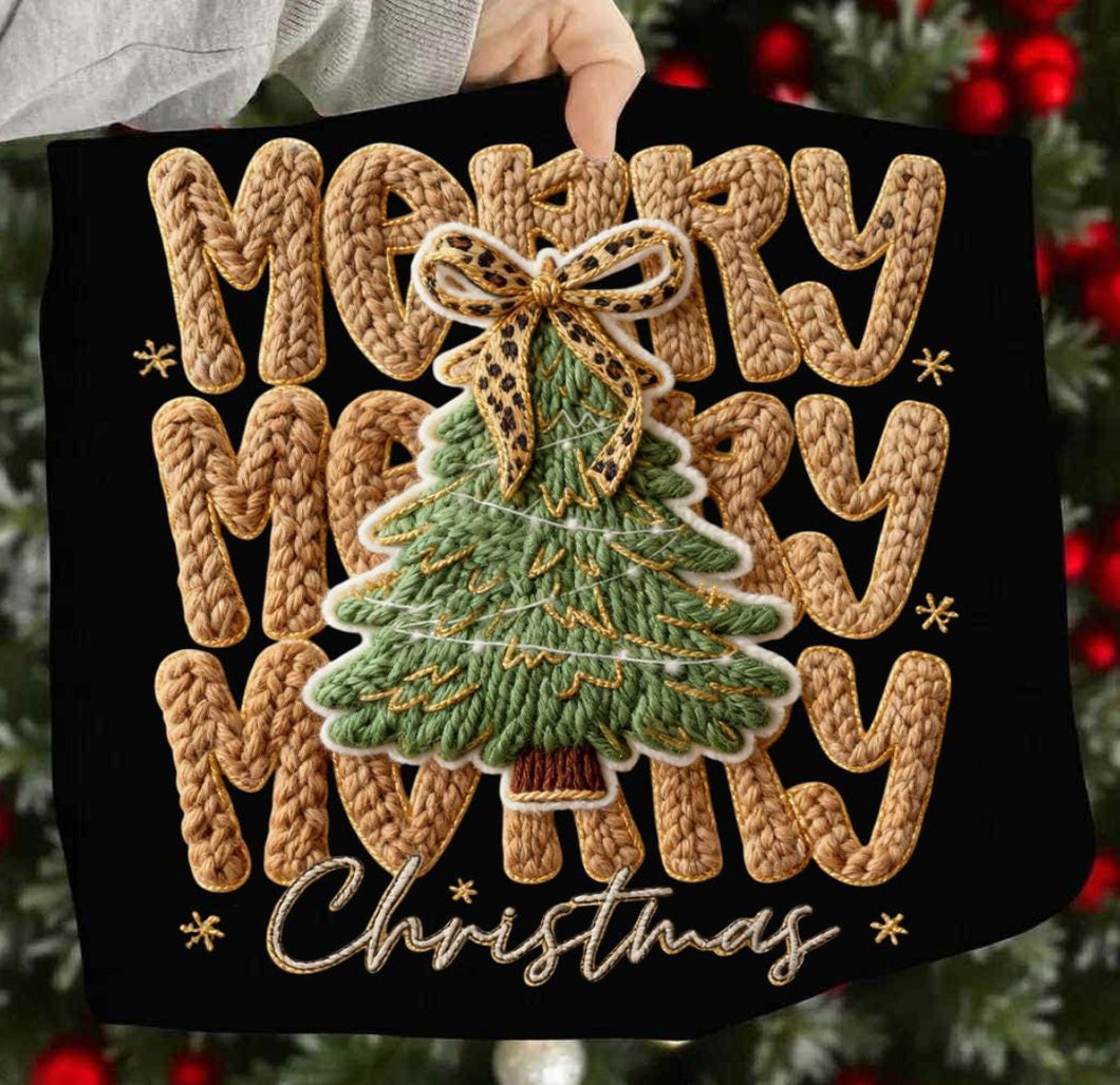 Faux Yarn Stacked BROWN Merry Christmas LEOPARD Bow Tree DTF transfer