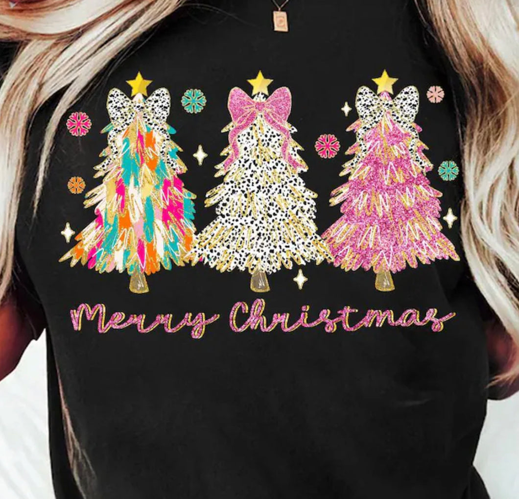 Merry Christmas 3 trees pink & dotted DTF transfer