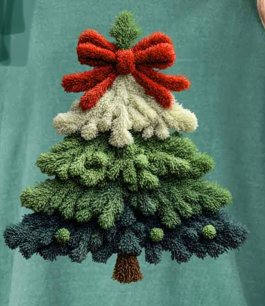 Faux Yarn Green Christmas Tree with Red Bow DTF transfer