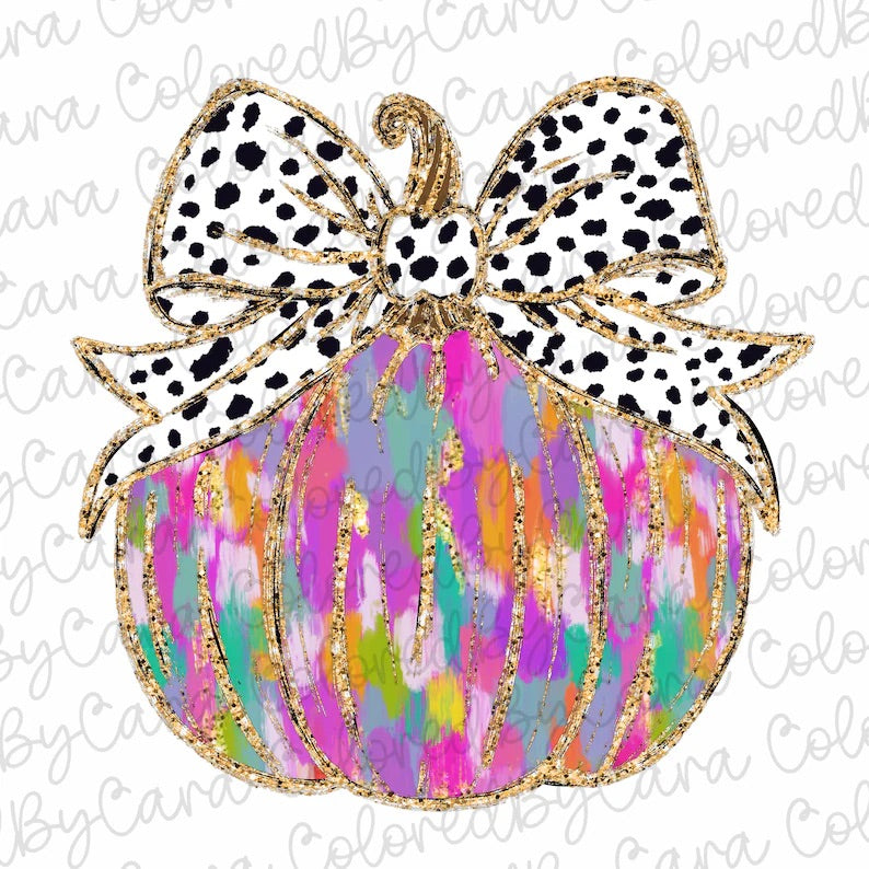 Watercolor Pumpkin with Dotted Bow DTF transfer