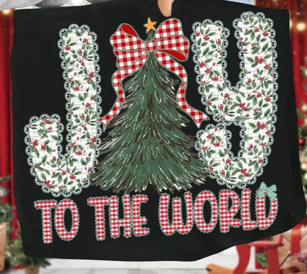 Joy to the World tree with red bow DTF transfer