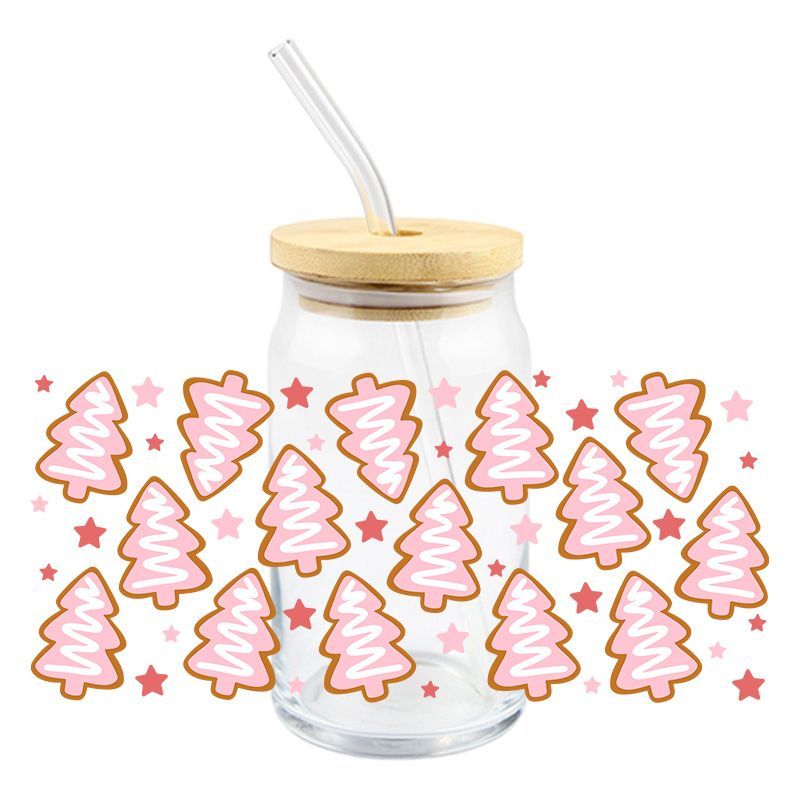 Pink Gingerbread Tree Cookies - UV DTF 16 oz Cup Wrap