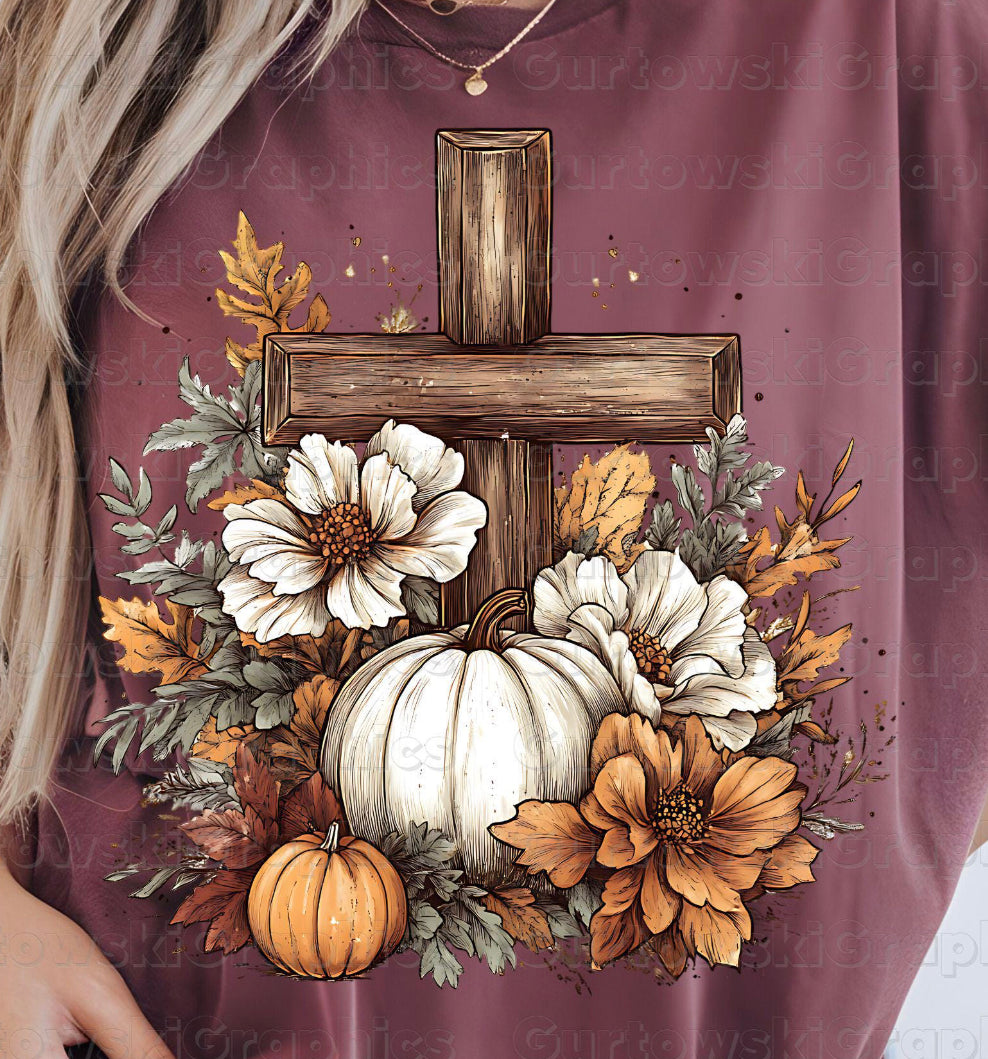 Fall cross & pumpkins DTF transfer