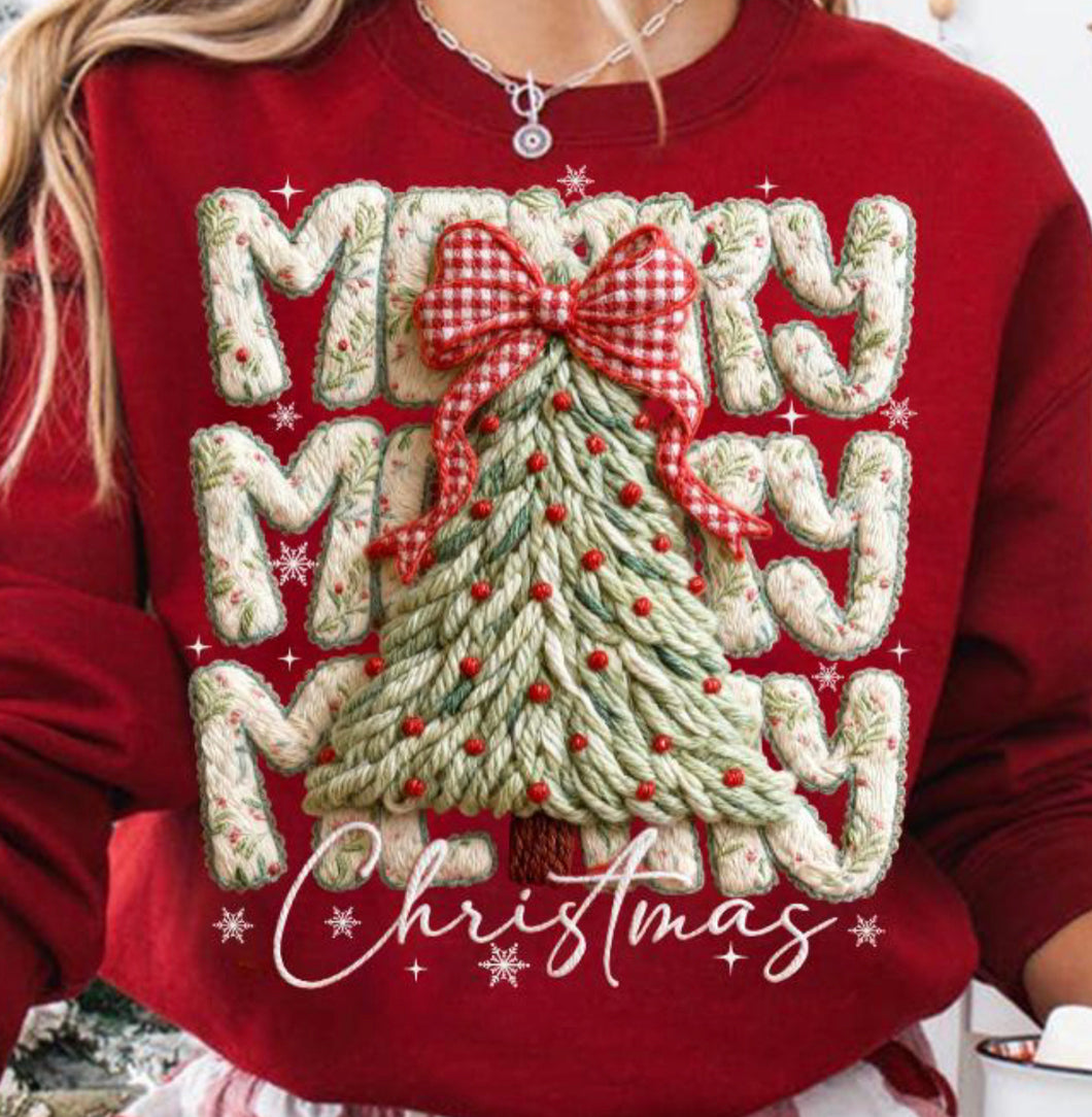 Faux Yarn Stacked Merry Christmas Tree DTF transfer