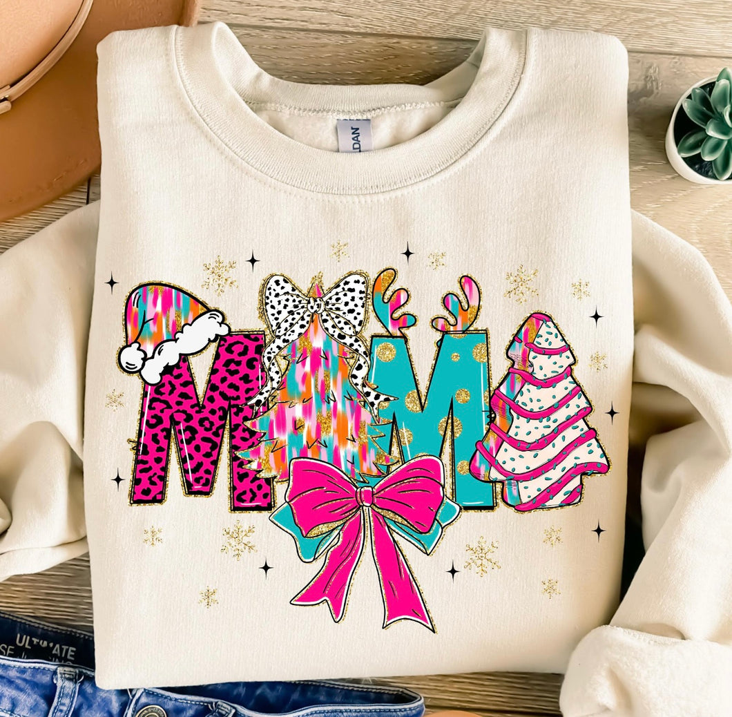 Mama Christmas cakes pink and teal DTF transfer