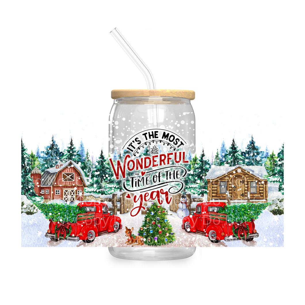 It's the Most Wonderful Time of the Year red truck Christmas - UV DTF 16 oz Cup Wrap