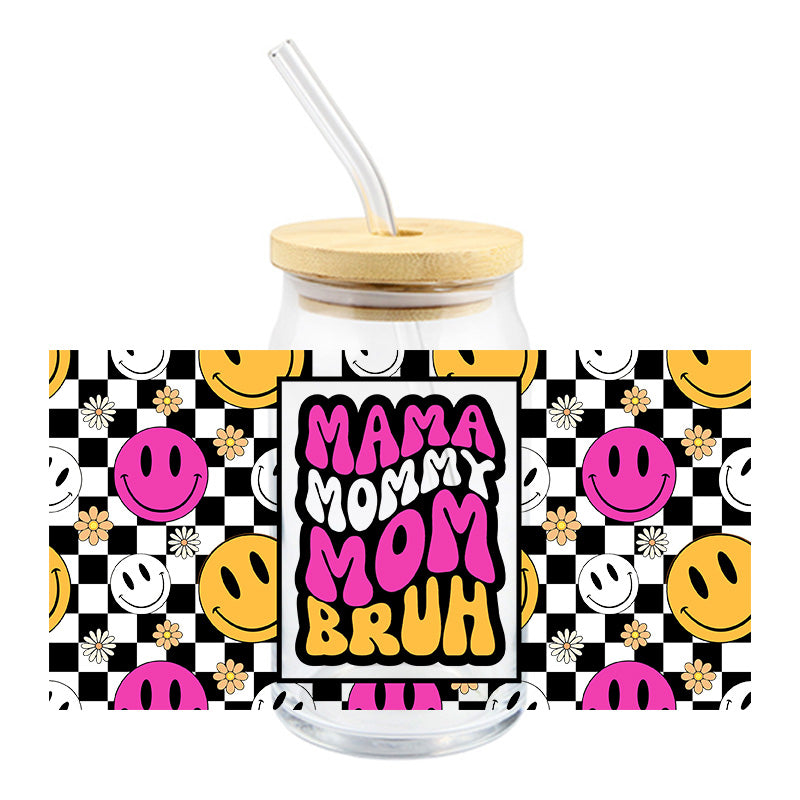 Mama Mommy Mom Bruh checkered smiley face - UV DTF 16 oz Cup Wrap