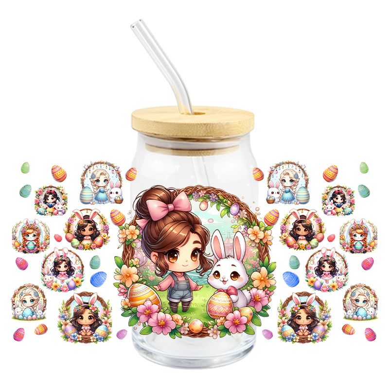 Easter Brown Hair Princess with Bunny - UV DTF 16 oz Cup Wrap