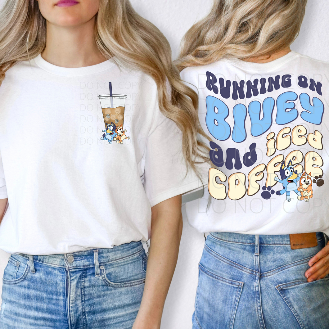Running on Blue & Iced Coffee pocket & back SET **THIN** Screen Print Transfer adult size