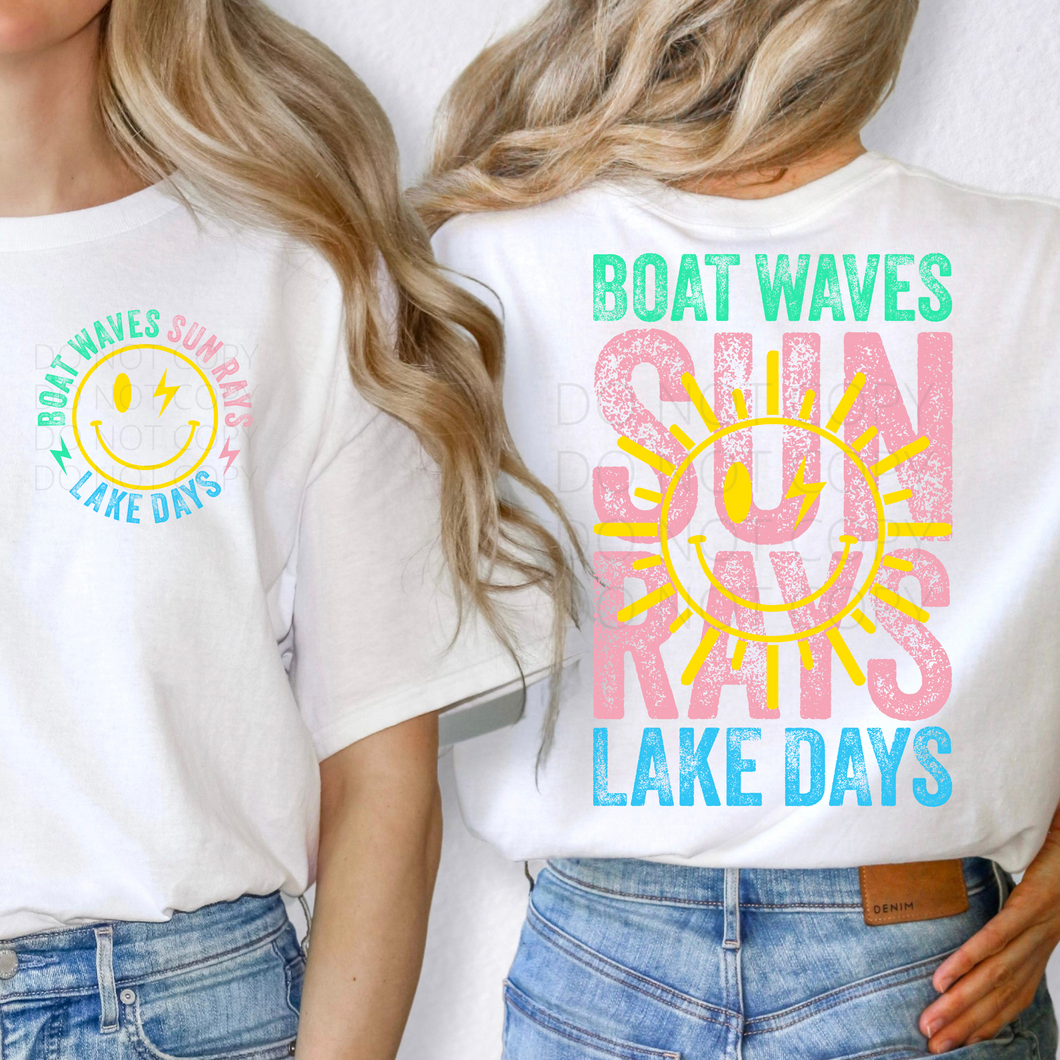 Boat Waves Sun Rays Lake Days **THIN** Screen Print Transfer adult size Pocket & Back SET