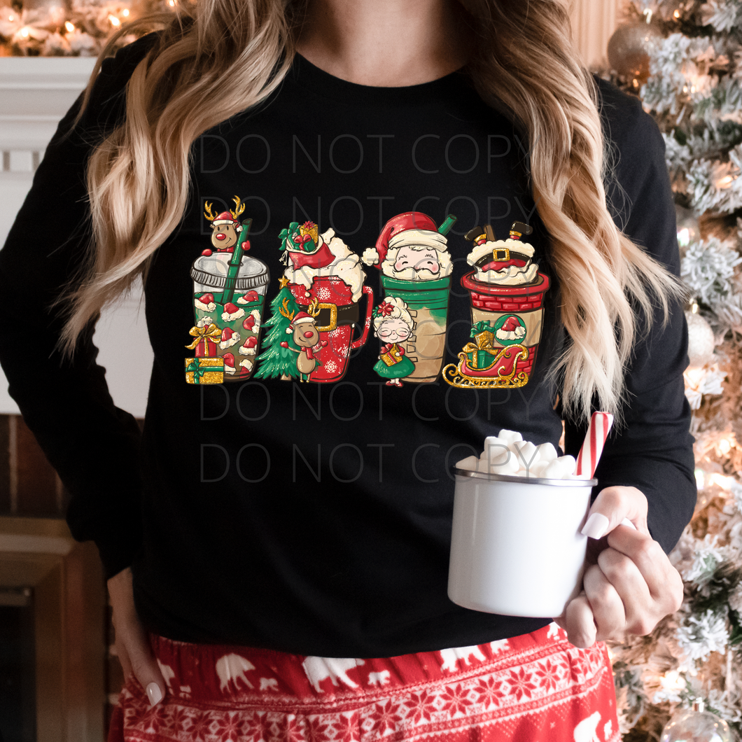 Santa Christmas latte coffee drinks **THIN** Screen Print Transfer adult size