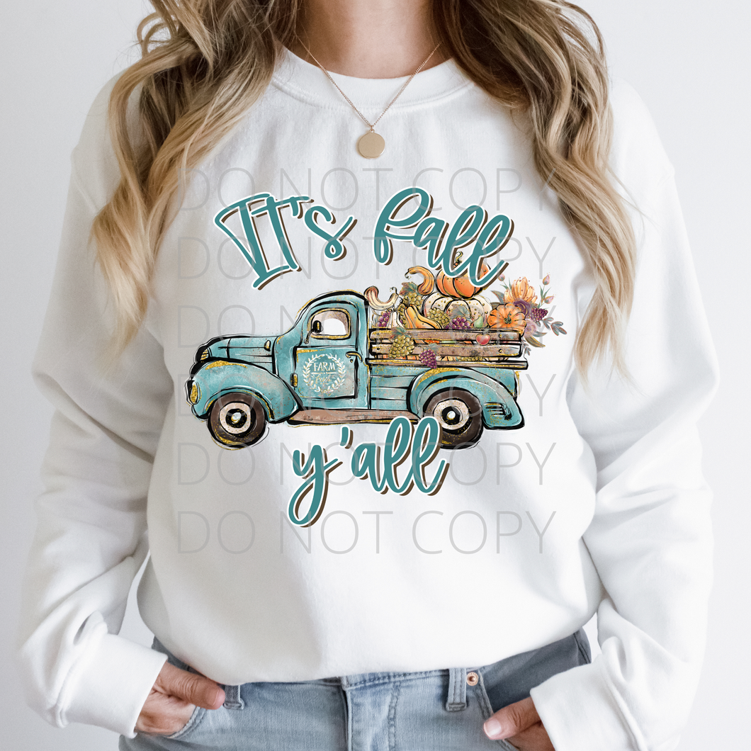 It's Fall Y'all Blue truck **THIN** Screen Print Transfer adult size