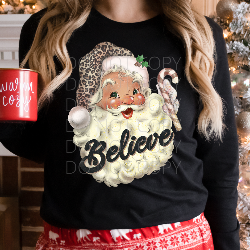 Believe Leopard Santa vintage retro **THIN** Screen Print Transfer adult size