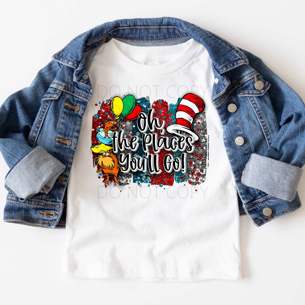 Oh the Places You'll Go red blue silver school seuss **THIN** Screen Print Transfer kid size