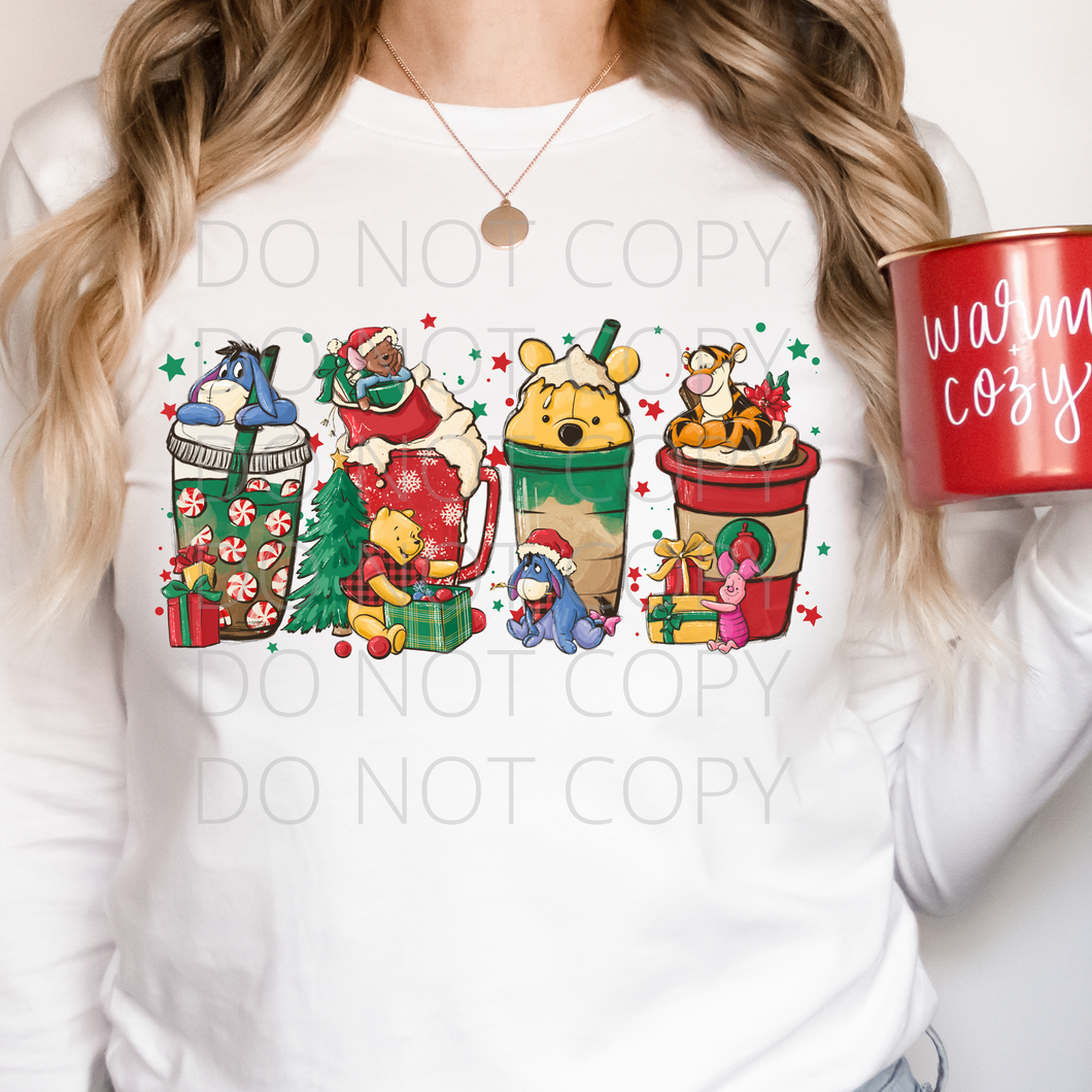 Pooh Christmas latte coffee drinks **THIN**Screen Print Transfer adult size